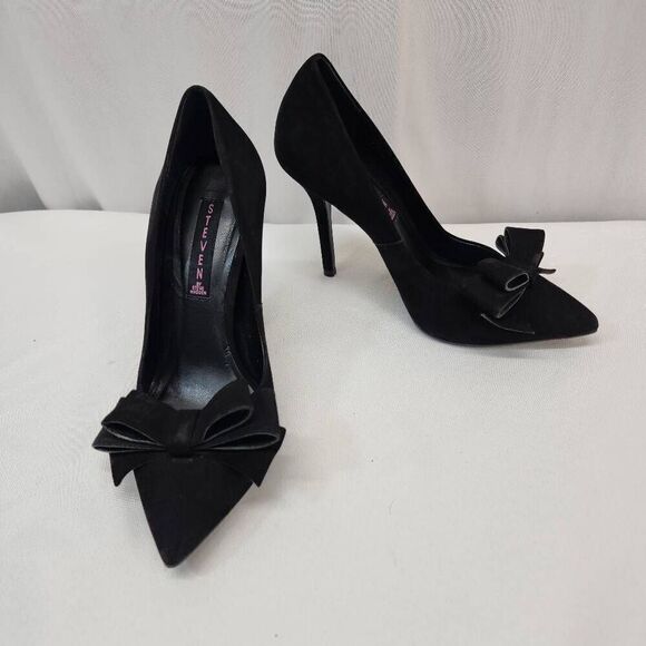 Steven by Steve Madden Size 8 Ravesh Black Suede Pumps W/Bow 4.25" Heel - Picture 2 of 9